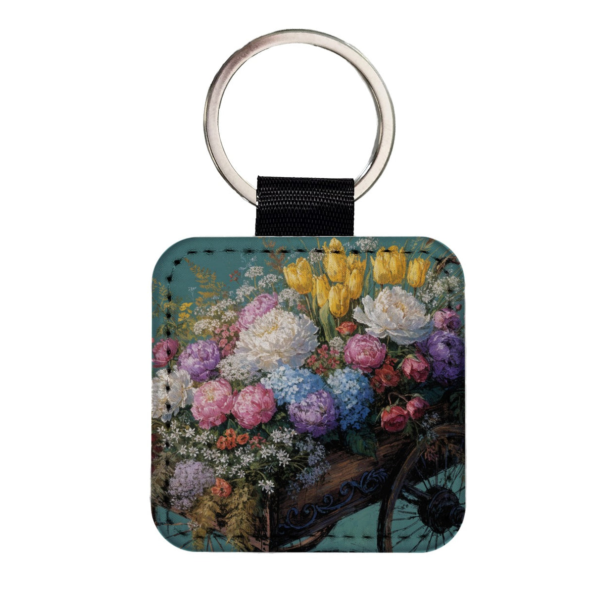 Flower Cart Overflowing Square Faux Leather Keychain