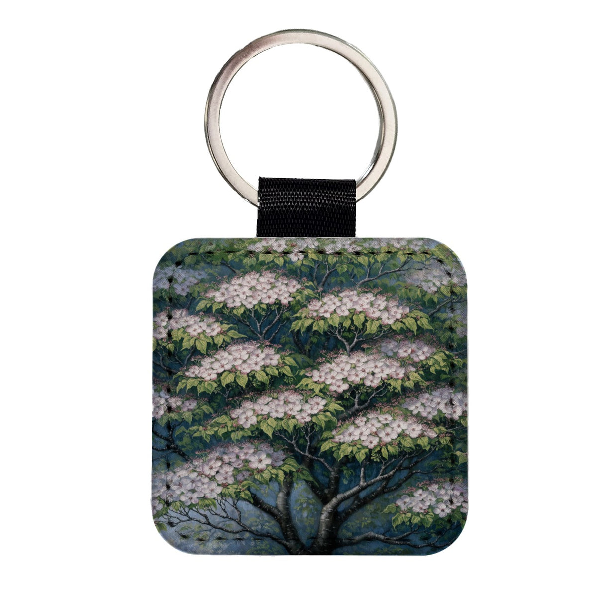 Flowering Dogwood Tree Square Faux Leather Keychain
