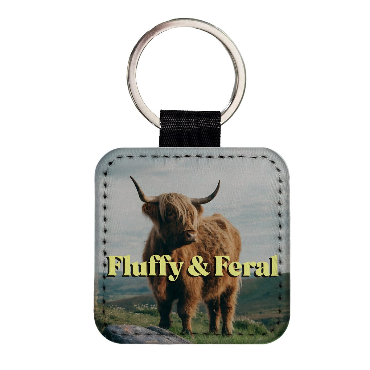 Fluffy Feral Highland Cow Funny Square Faux Leather Keychain