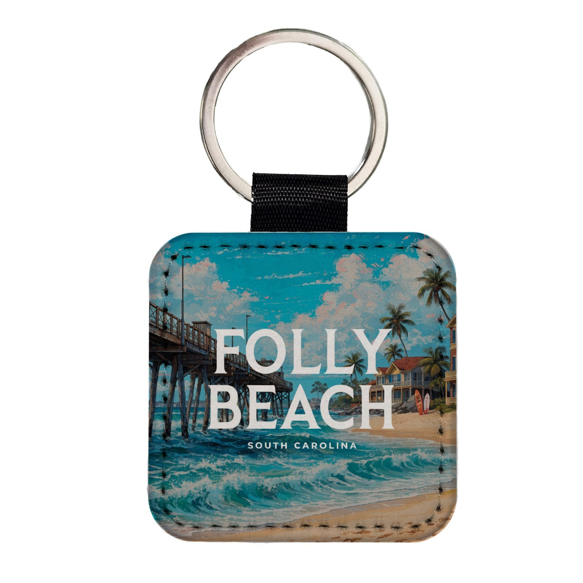 Folly Beach South Carolina Travel Square Faux Leather Keychain