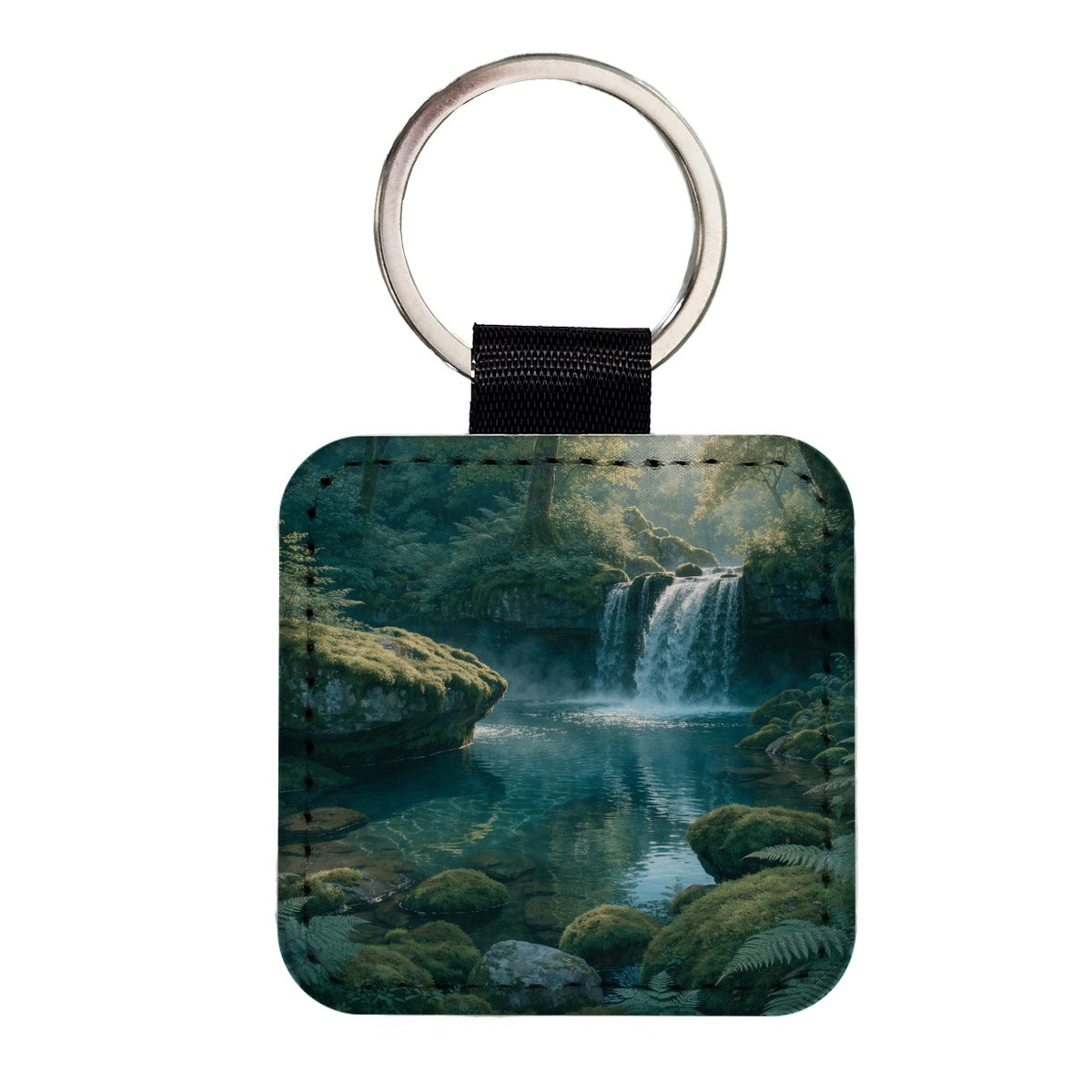Forest Waterfall Landscape Square Faux Leather Keychain