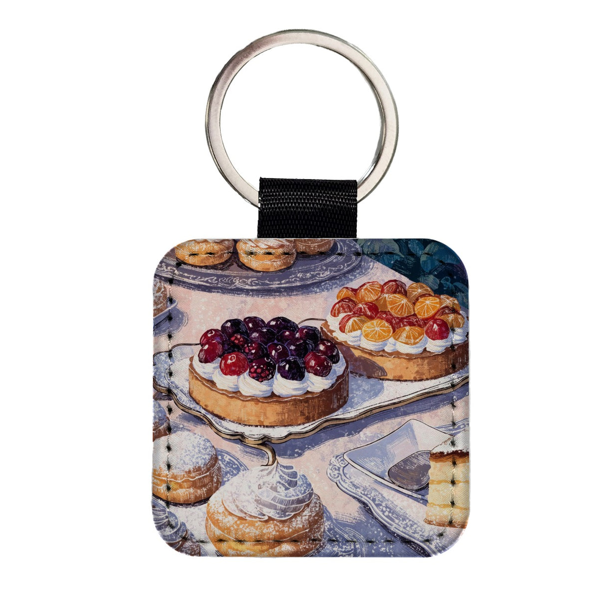 French Patisserie Pastries Square Faux Leather Keychain