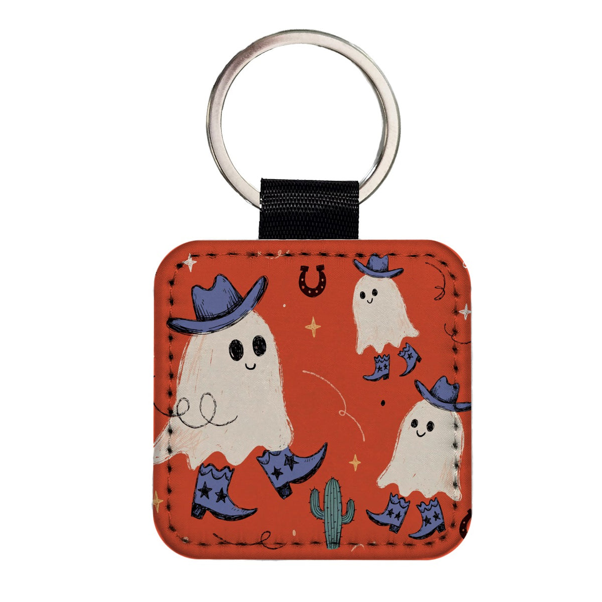 Friendly Ghosts Cowboys Halloween Square Faux Leather Keychain