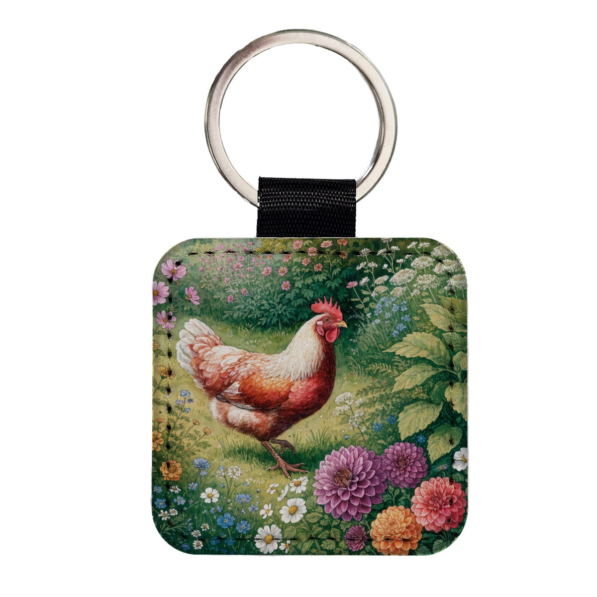 Garden Chicken Wildflowers Square Faux Leather Keychain
