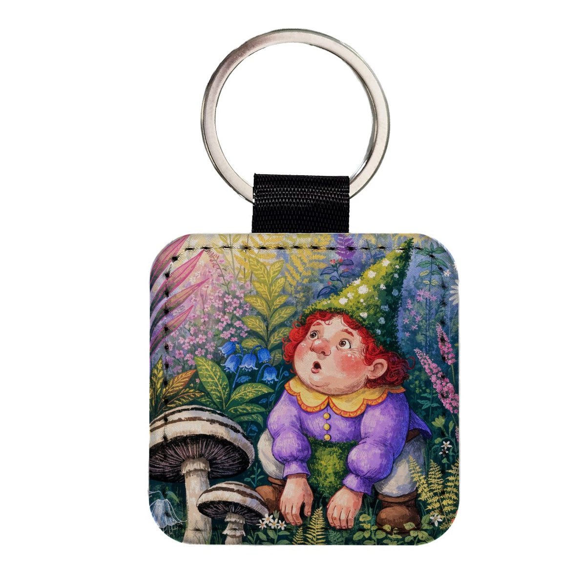 Garden Gnome Flowers Square Faux Leather Keychain