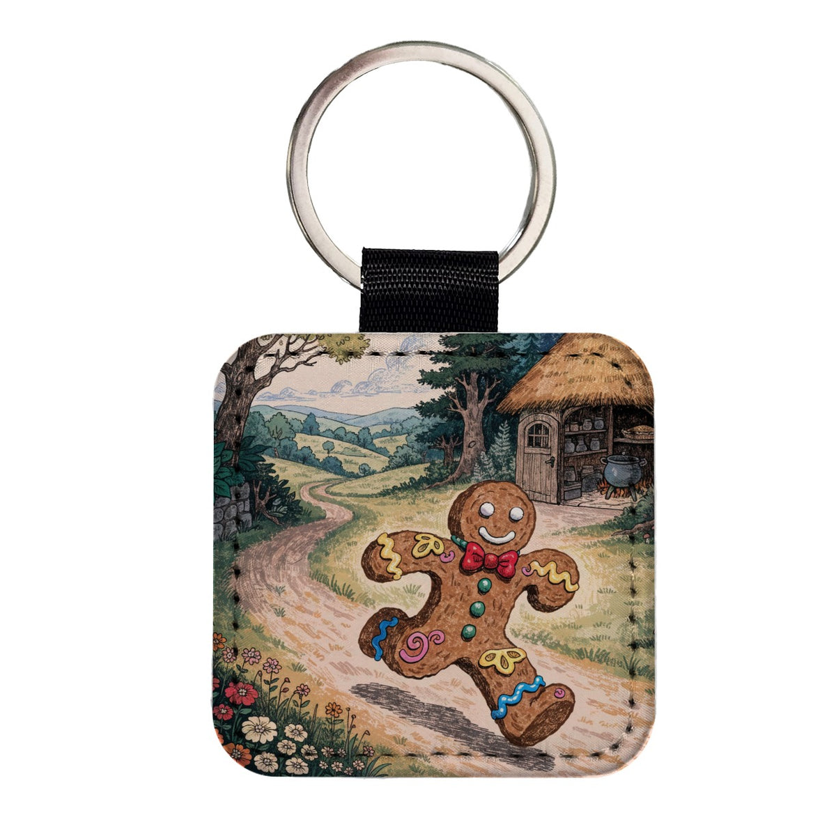 Gingerbread Man Fairy Tale Christmas Square Faux Leather Keychain