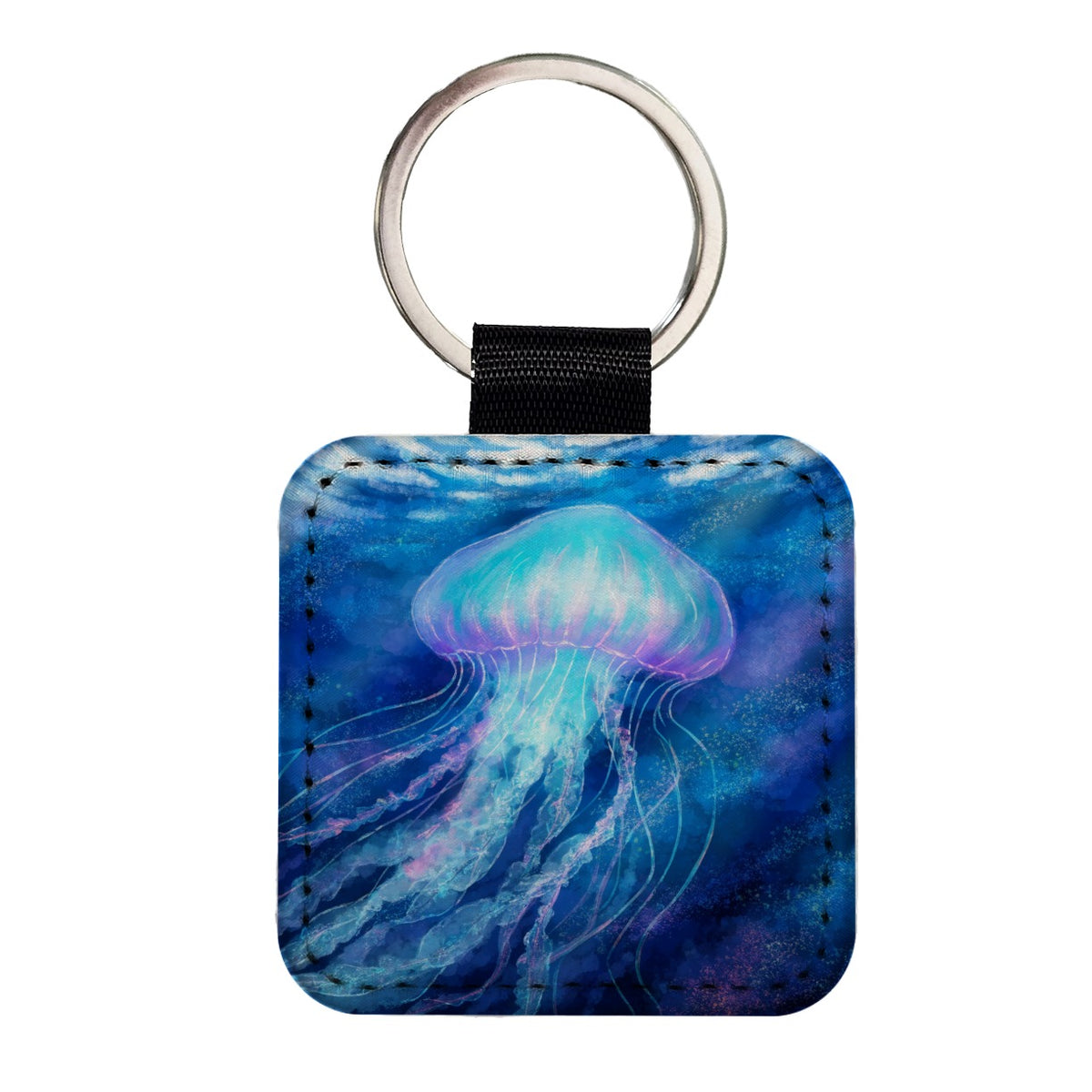 Glowing Jellyfish Ocean Square Faux Leather Keychain