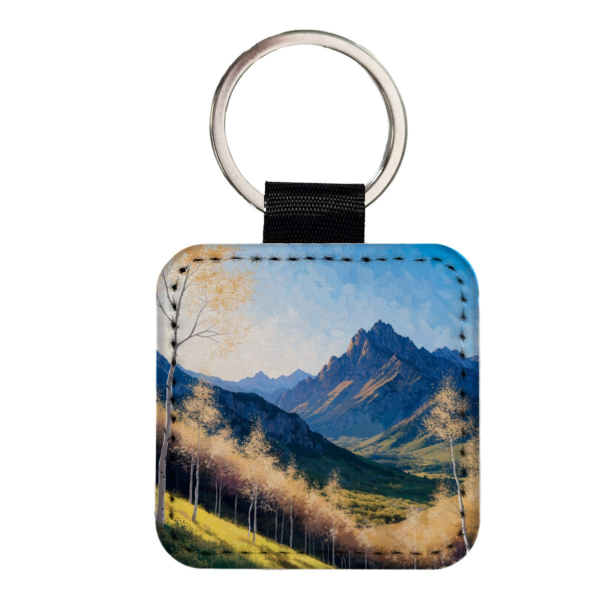 Golden Aspen Mountain Forest Square Faux Leather Keychain