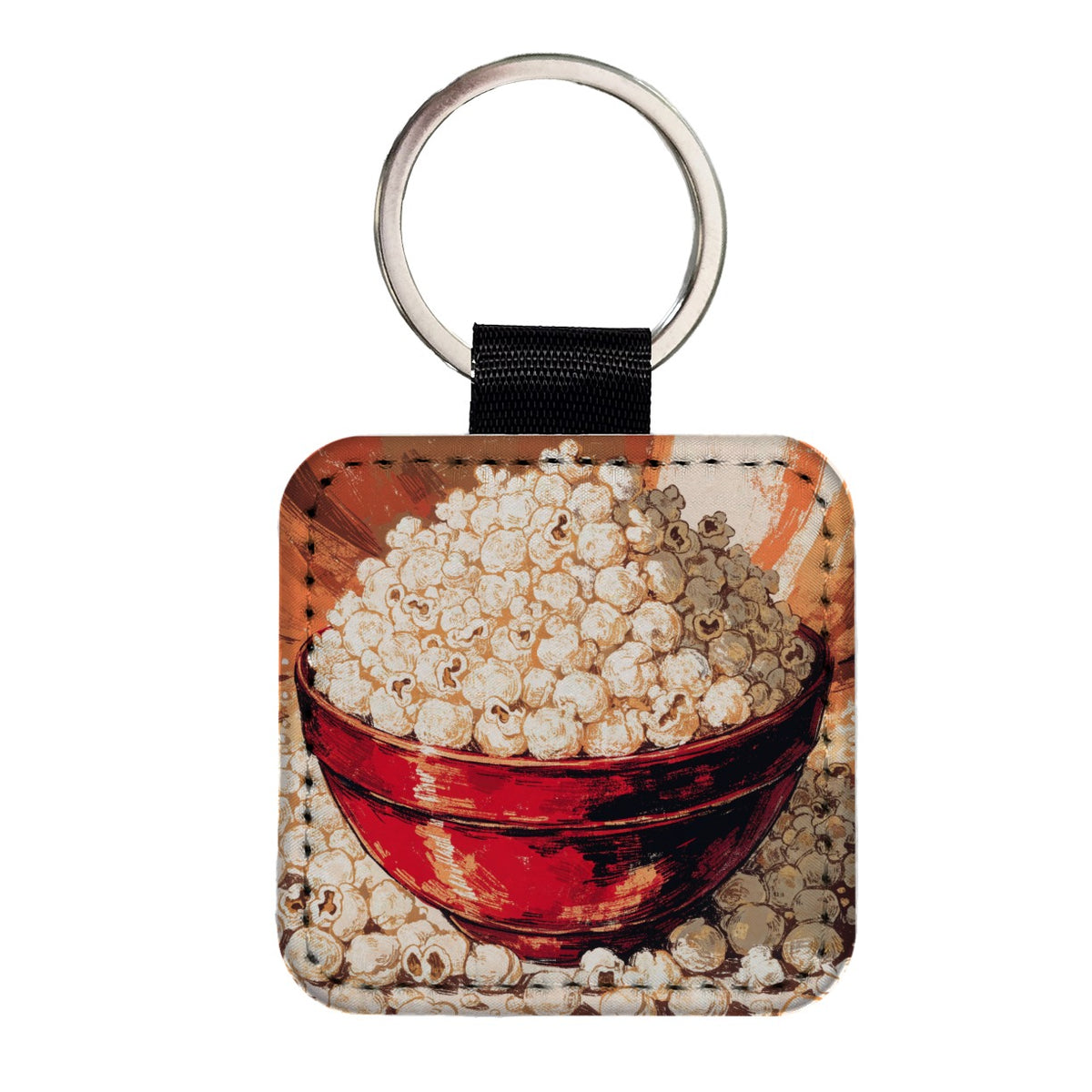 Gourmet Popcorn Movie Night Square Faux Leather Keychain