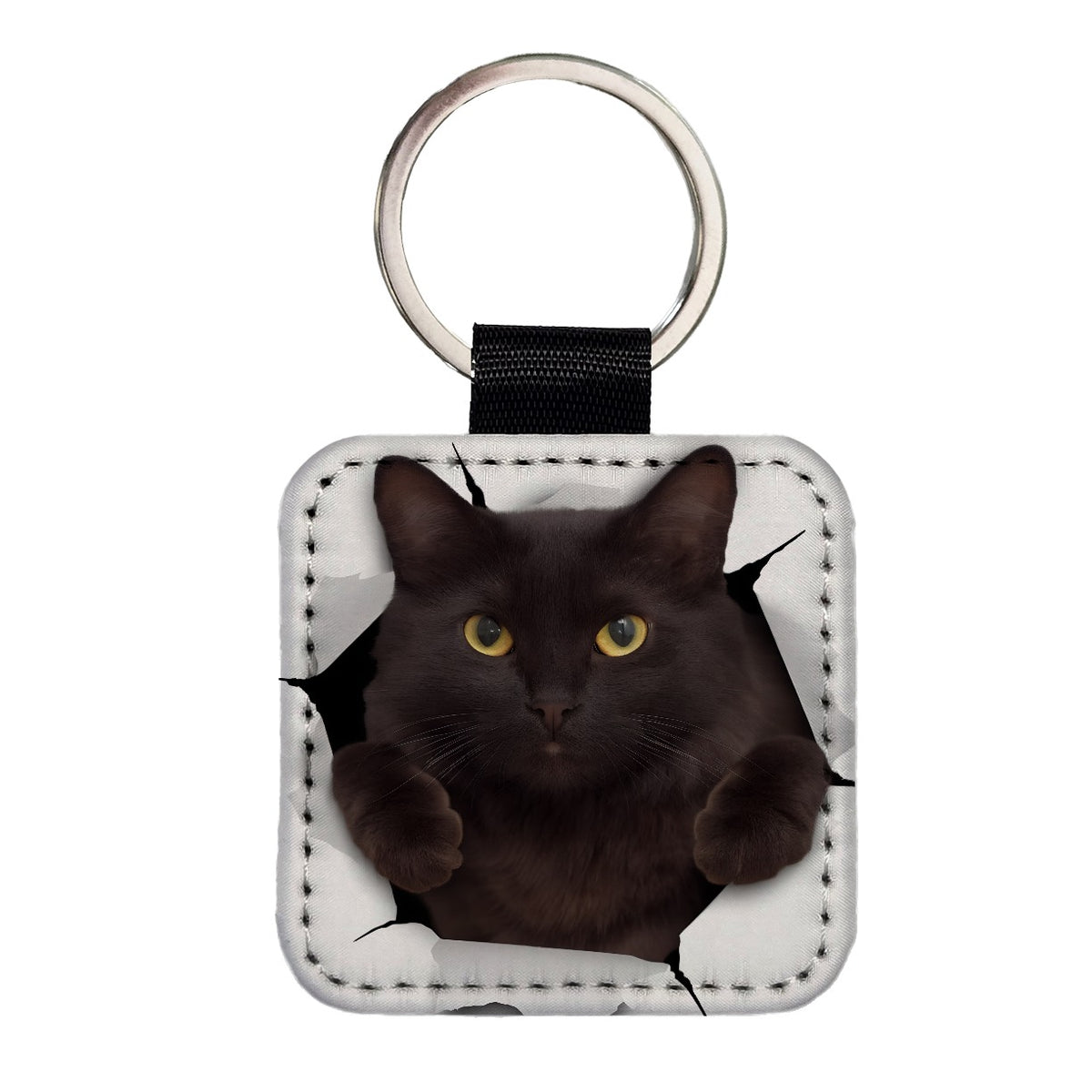 Gray Cat Breakout Square Faux Leather Keychain