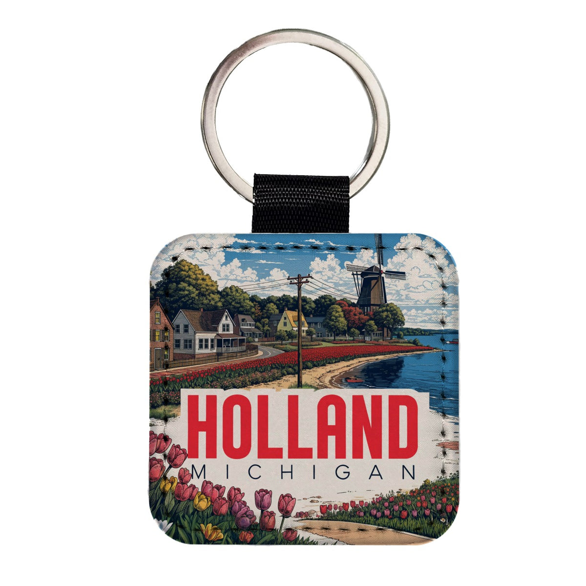 Holland Michigan Travel Square Faux Leather Keychain