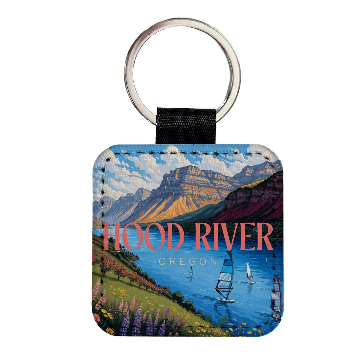 Hood River Oregon Travel Square Faux Leather Keychain