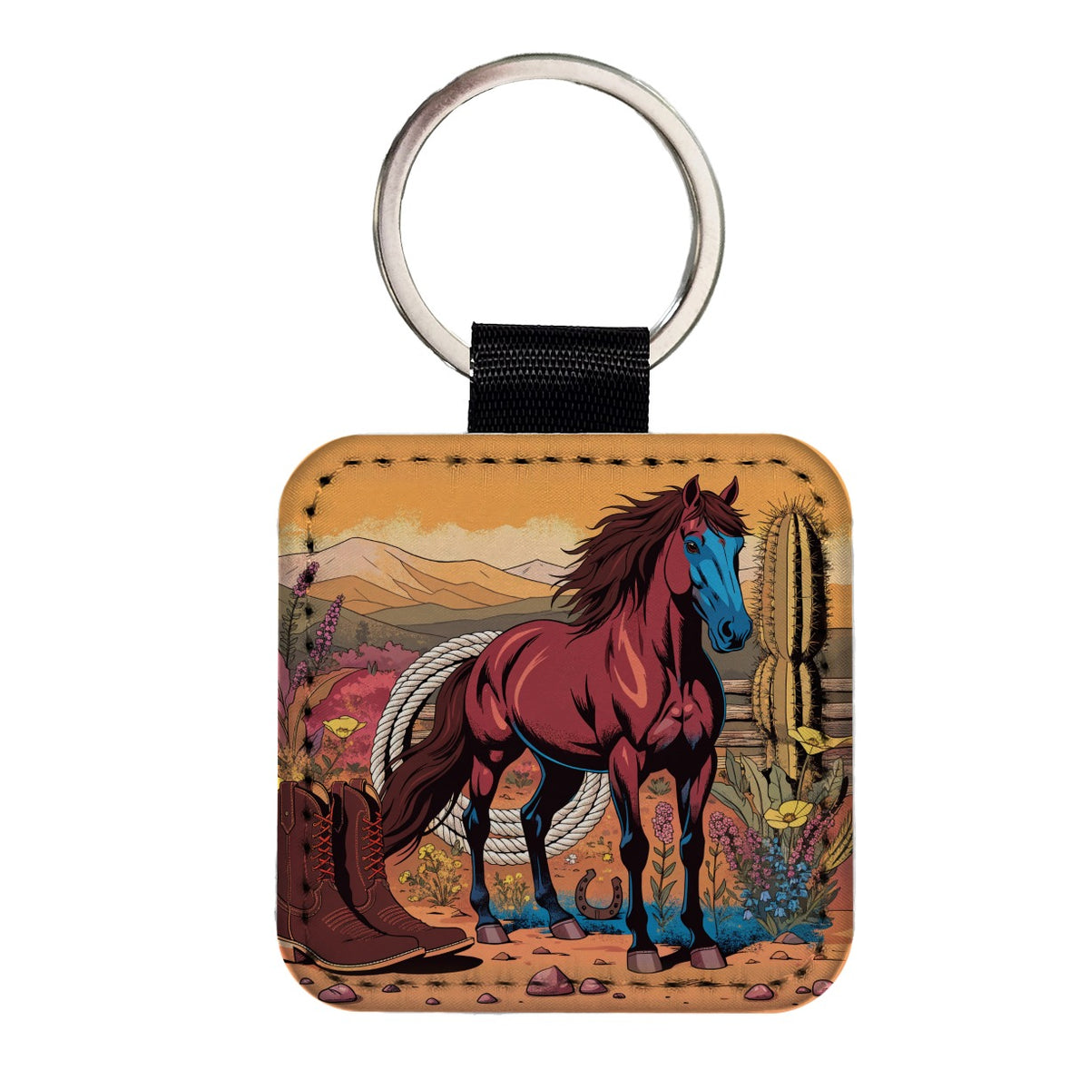 Horse Rancher Western Cowboy Square Faux Leather Keychain