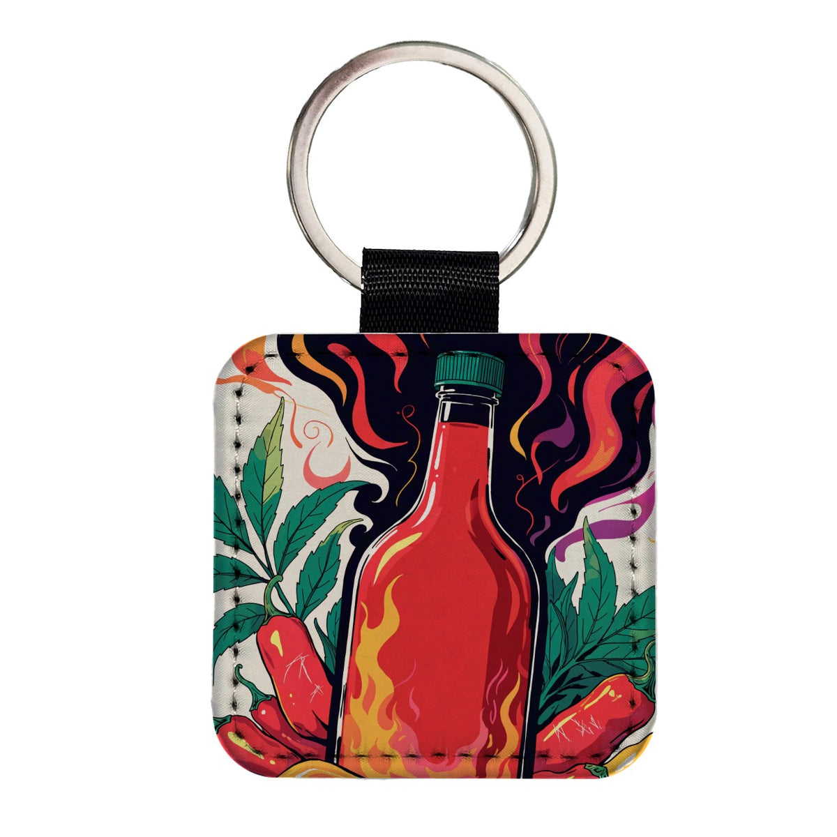 Hot Sauce Peppers Square Faux Leather Keychain
