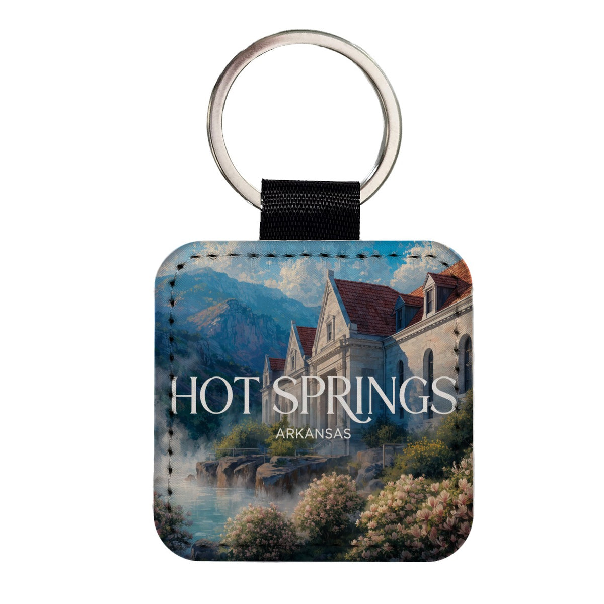 Hot Springs Arkansas Travel Square Faux Leather Keychain