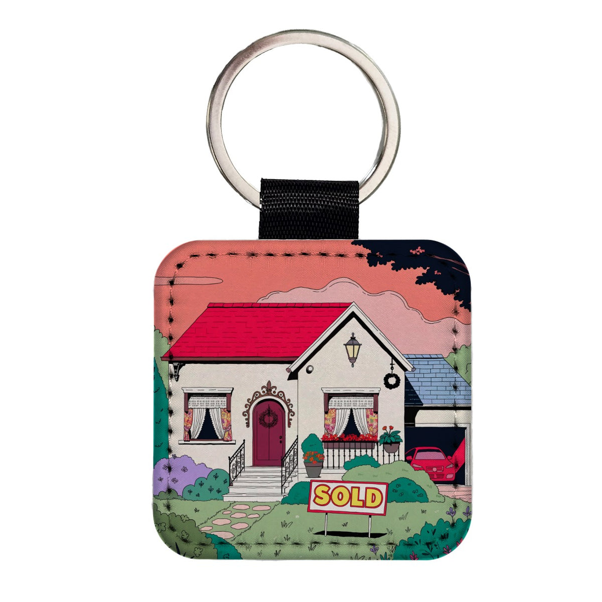 House Sold Realtor Real Estate Square Faux Leather Keychain