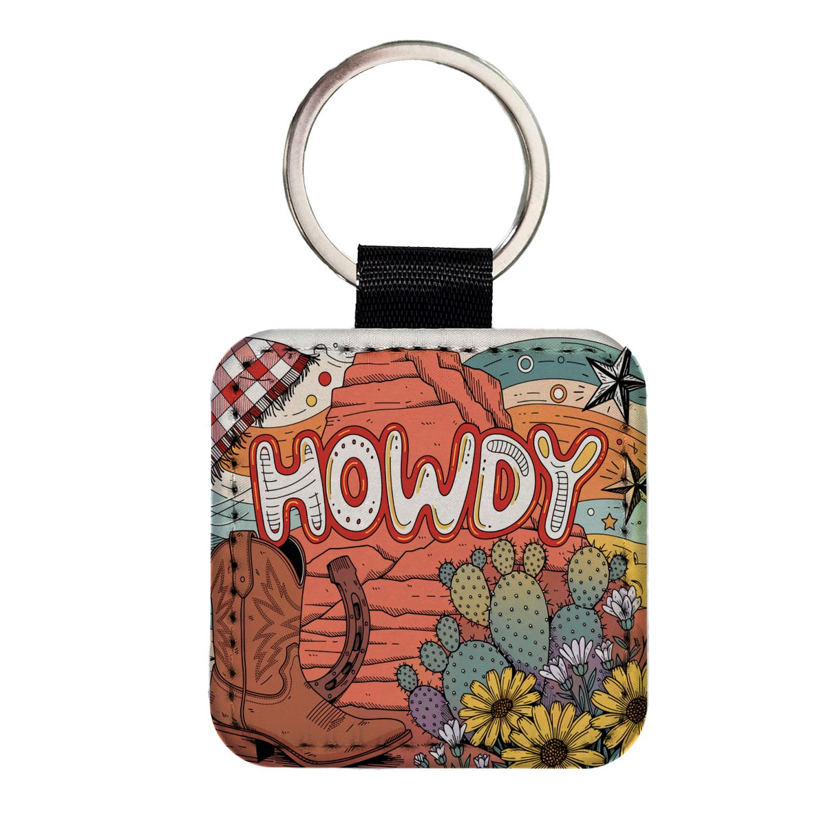 Howdy Country Cowboy Boot Cactus Square Faux Leather Keychain