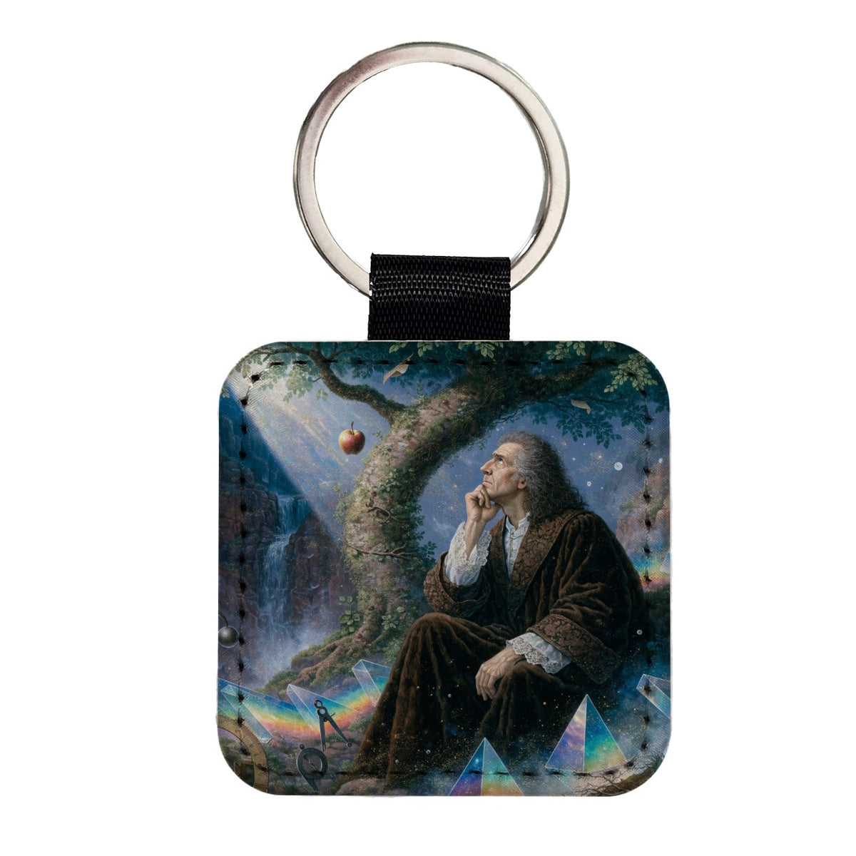 Isaac Newton Scientist Square Faux Leather Keychain