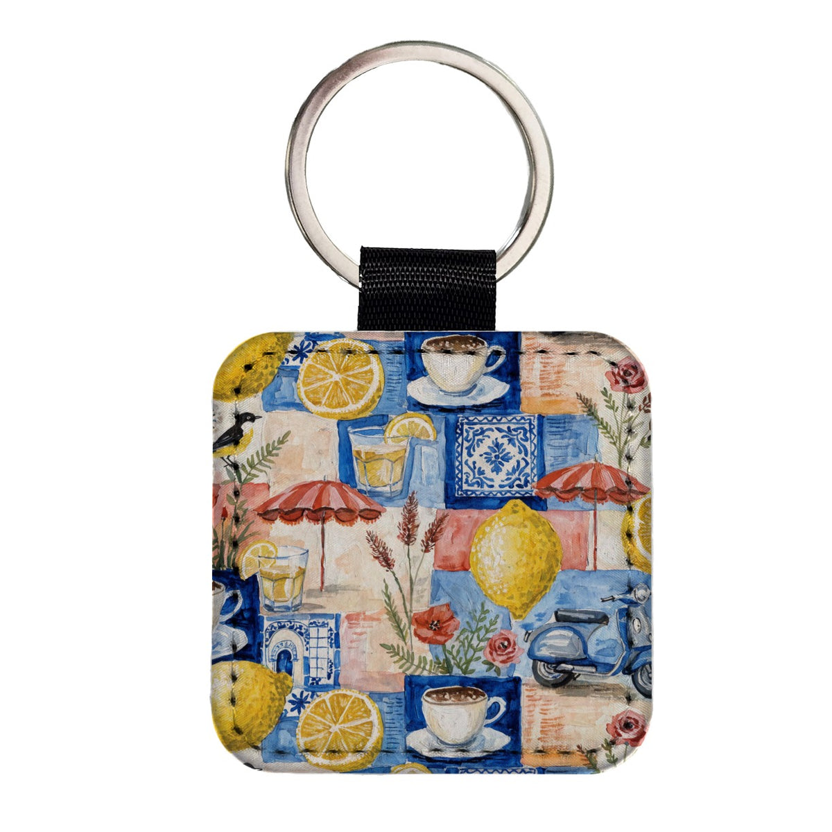 Italian Mediterranean Summer Lemons Square Faux Leather Keychain