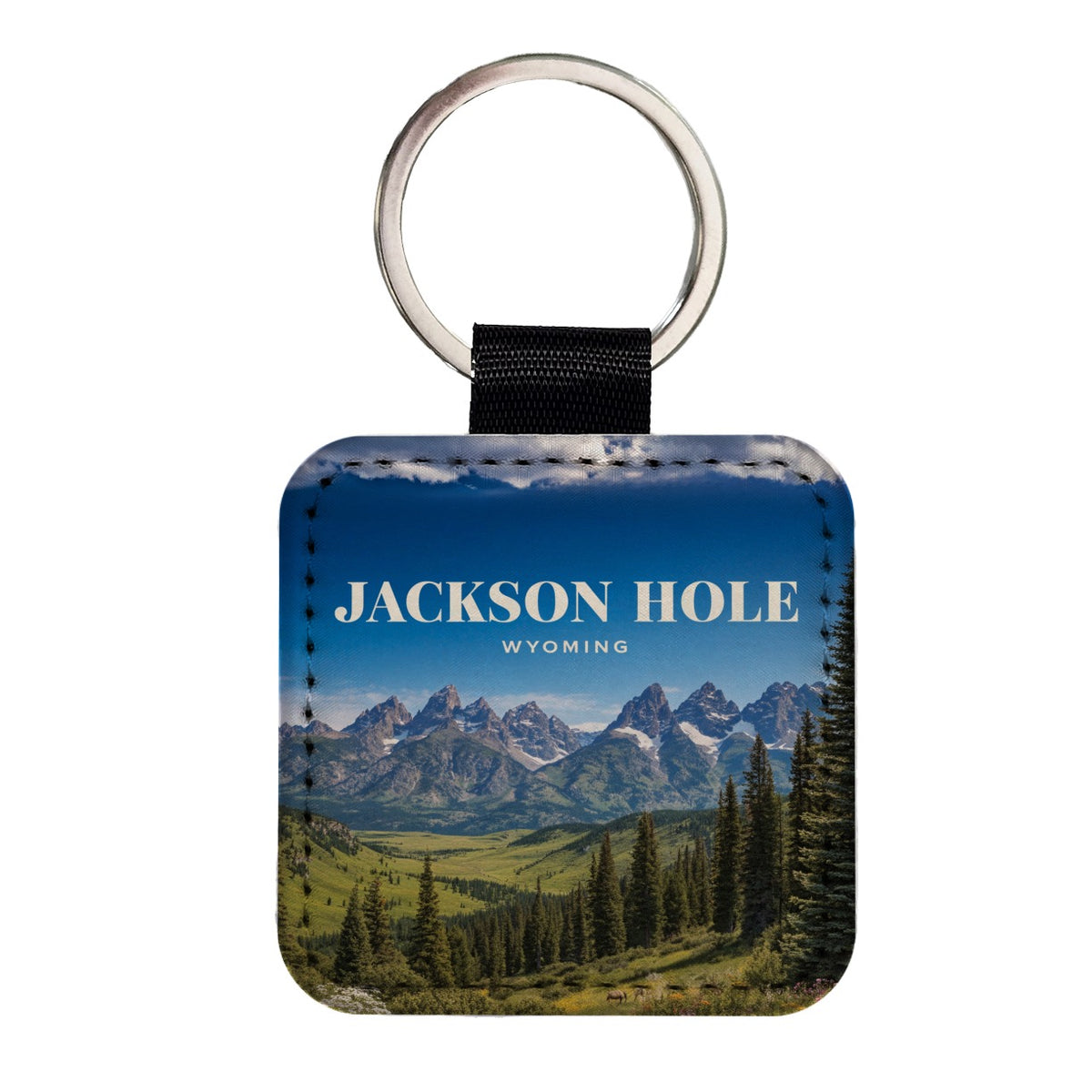Jackson Hole Wyoming Travel Square Faux Leather Keychain