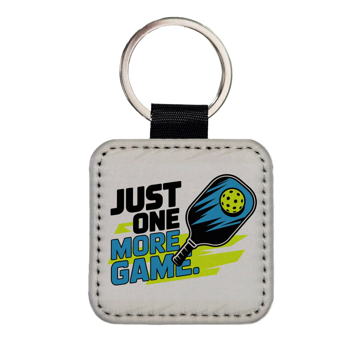 Just One More Game Sporty Pickleball Square Faux Leather Keychain
