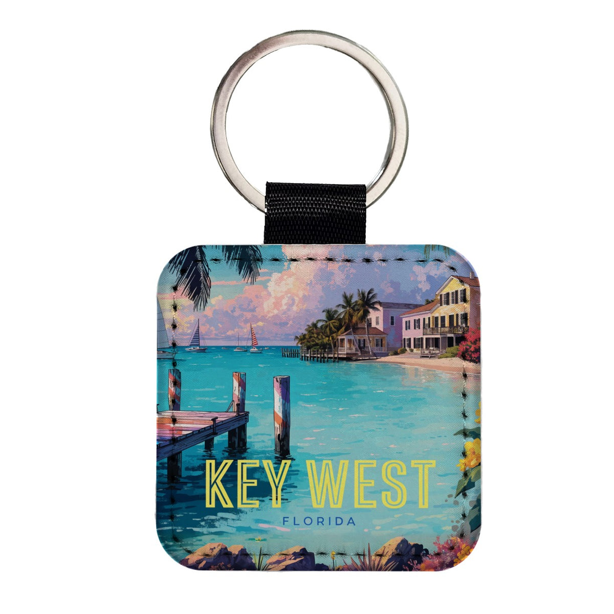 Key West Florida Travel Scenic Square Faux Leather Keychain