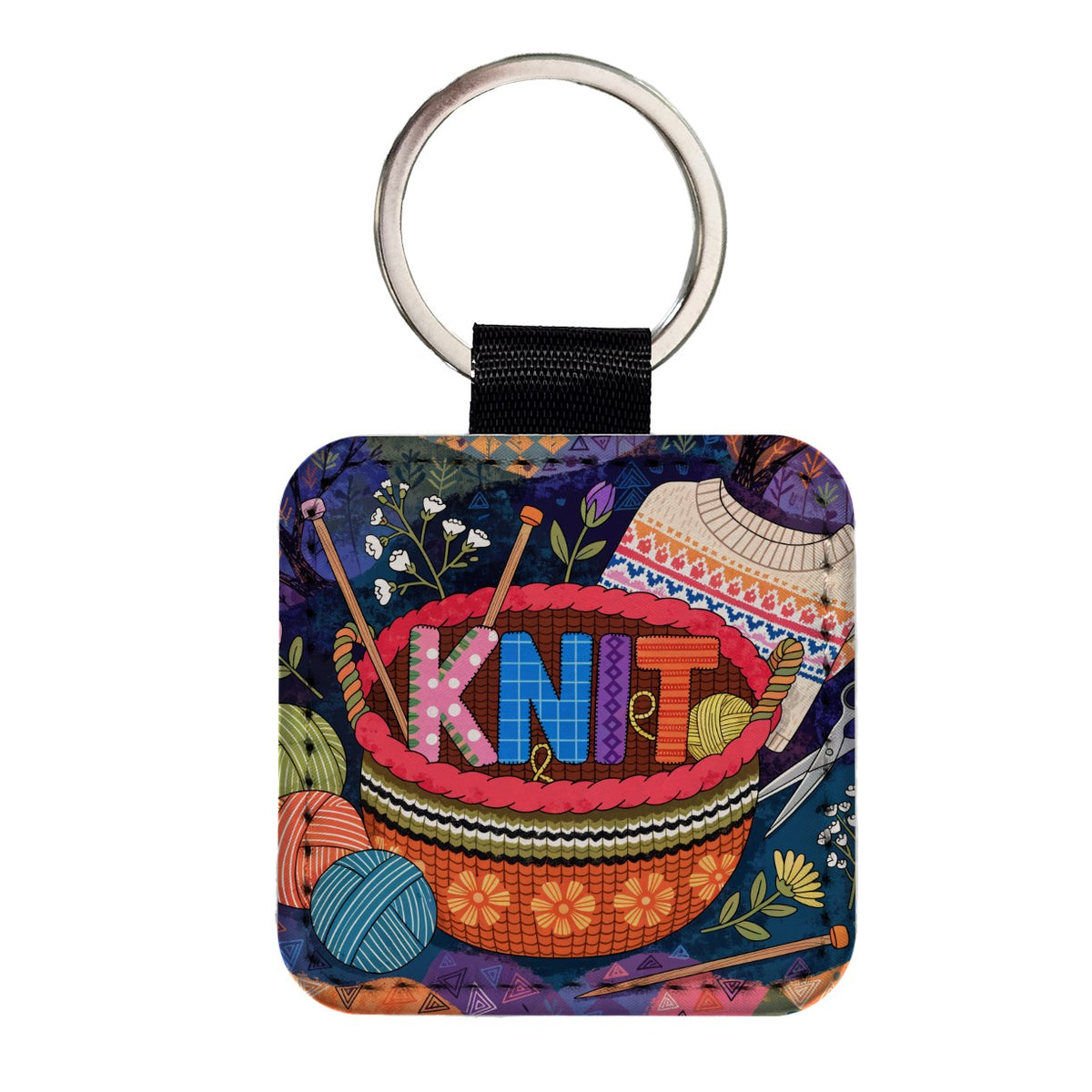 Knit Knitting Colorful Yarn Basket Square Faux Leather Keychain