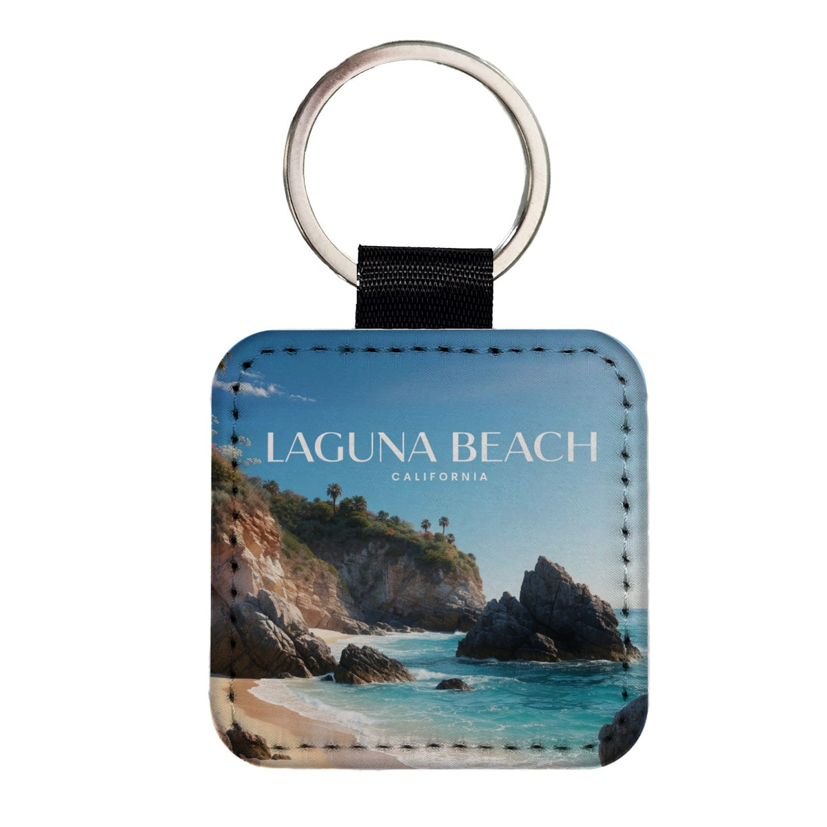 Laguna Beach California Travel Square Faux Leather Keychain