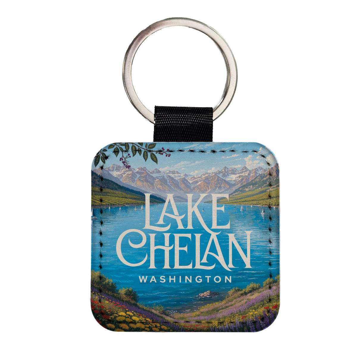 Lake Chelan Washington Travel Square Faux Leather Keychain