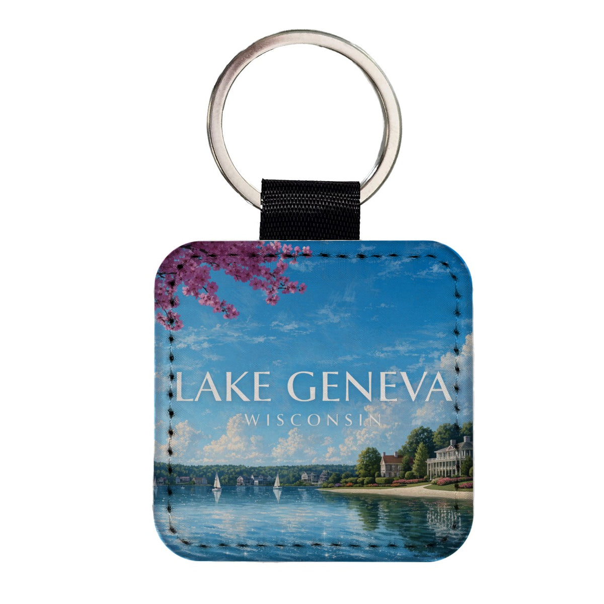 Lake Geneva Wisconsin Travel Square Faux Leather Keychain