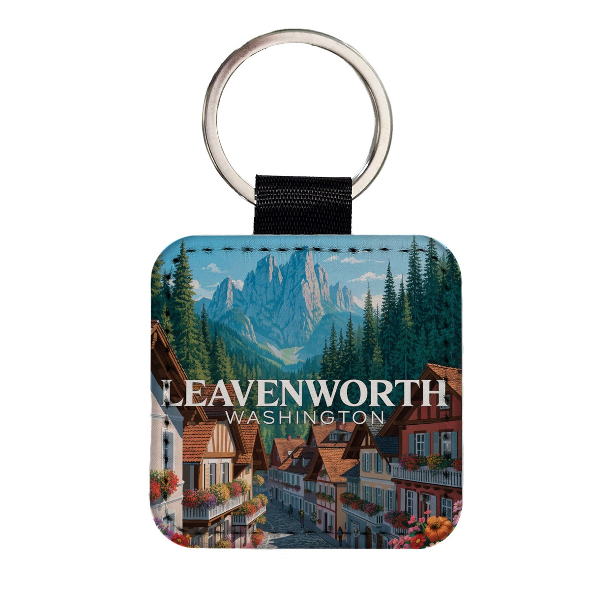 Leavenworth Washington Travel Square Faux Leather Keychain