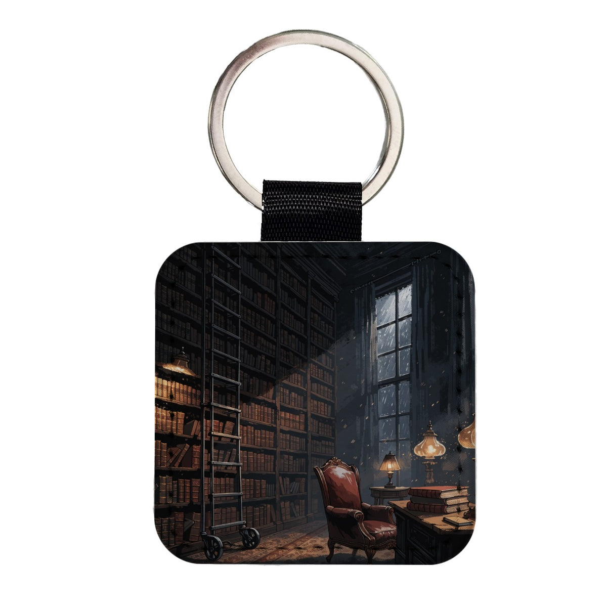 Library at Night Square Faux Leather Keychain