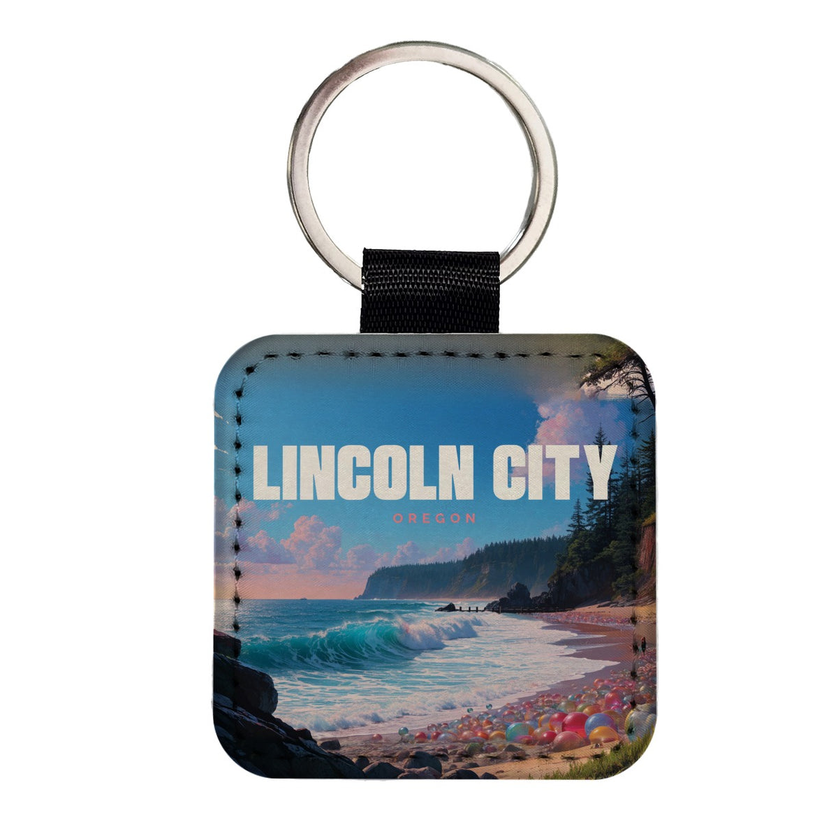 Lincoln City Oregon Travel Square Faux Leather Keychain