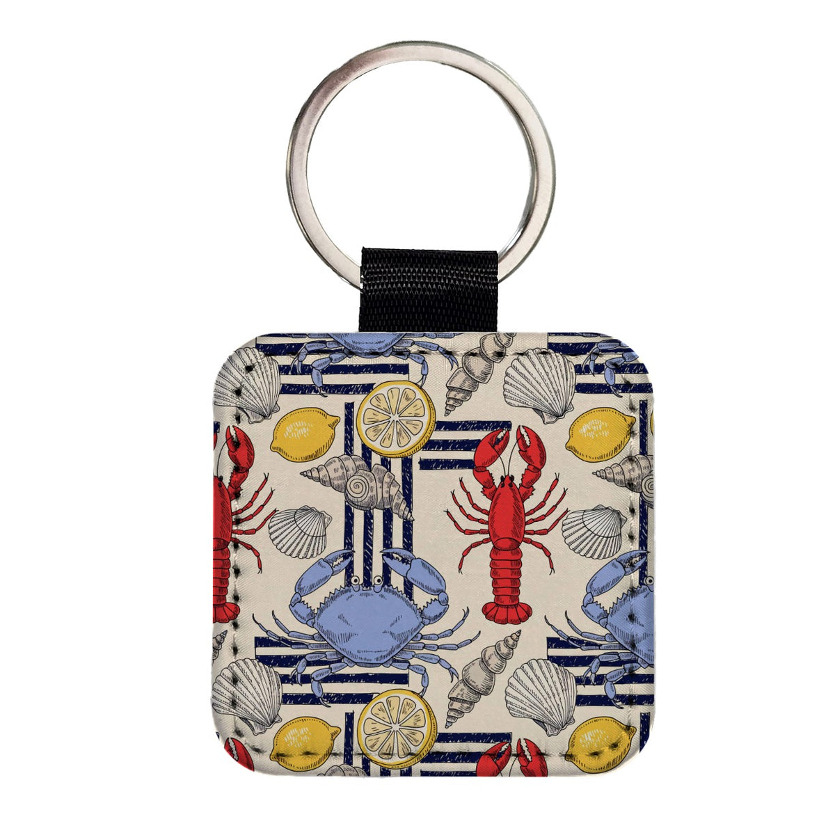 Lobsters Blue Crabs Lemons Square Faux Leather Keychain
