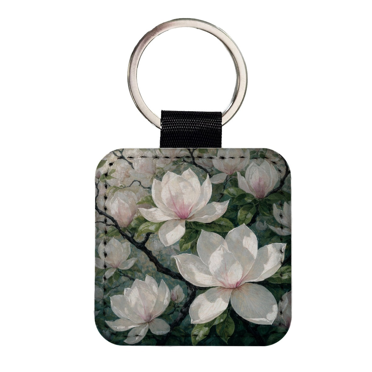 Magnolia Blossom Flowers Square Faux Leather Keychain