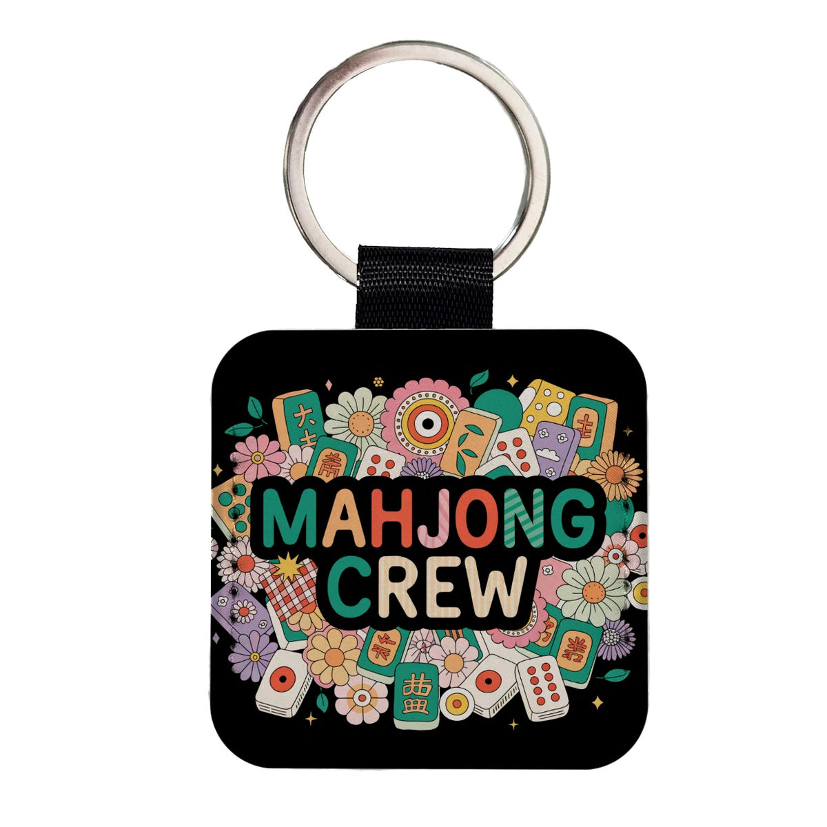 Mahjong Crew Game Colorful Square Faux Leather Keychain