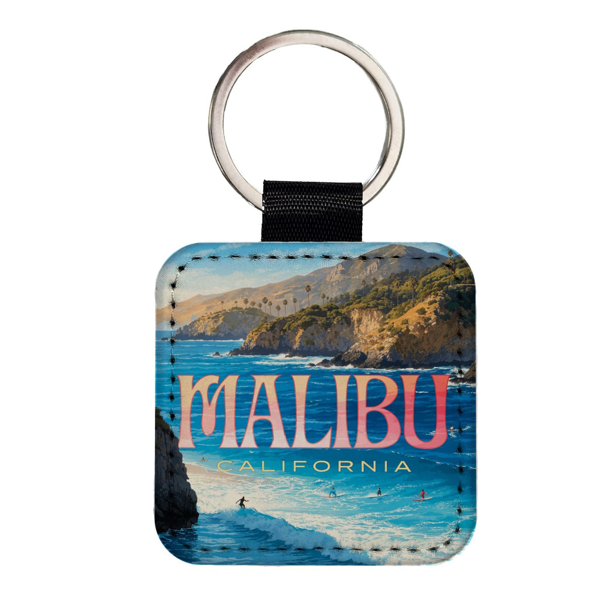 Malibu California Travel Ocean Square Faux Leather Keychain