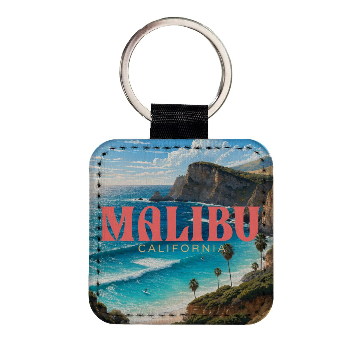 Malibu California Travel Square Faux Leather Keychain
