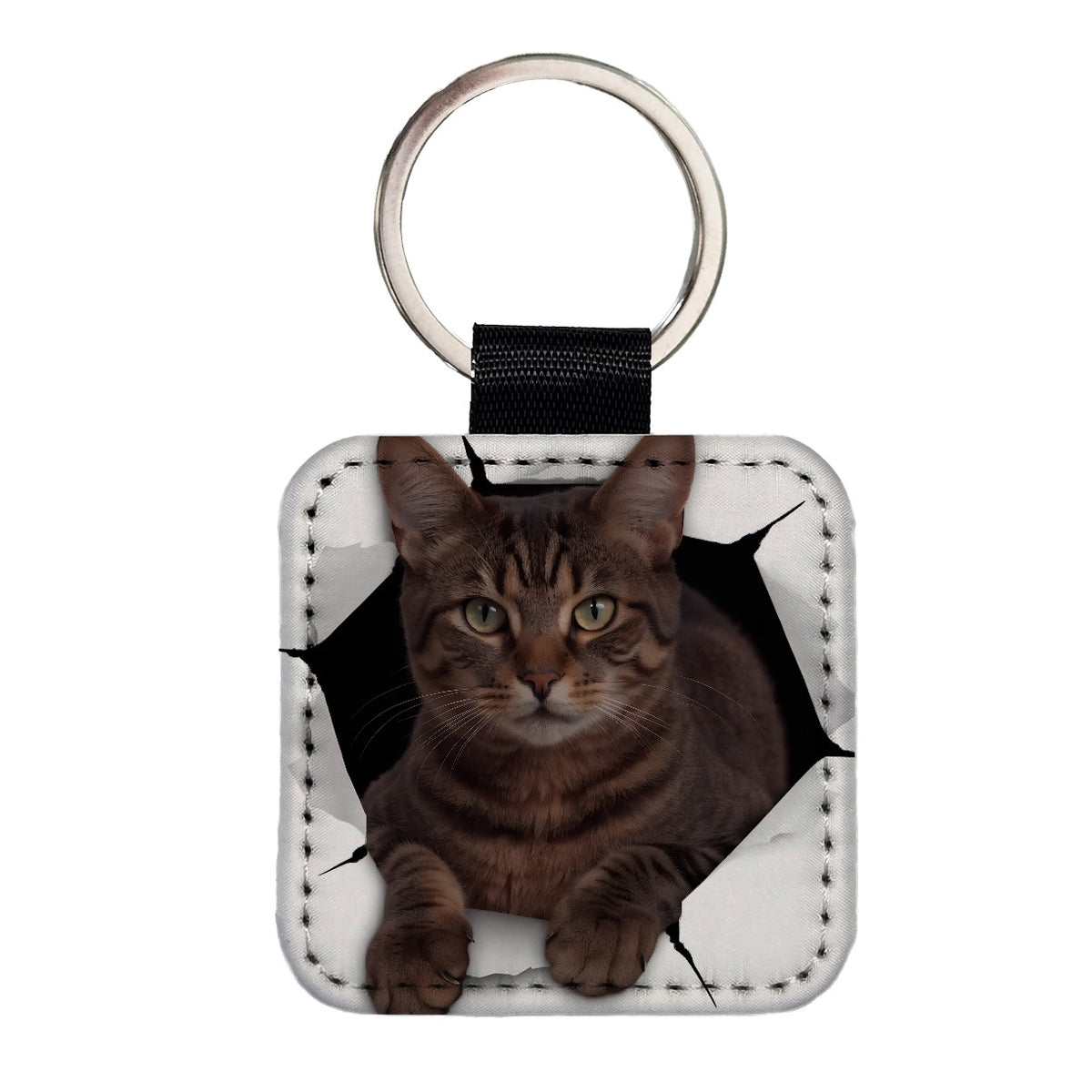 Manx Cat Breakout Square Faux Leather Keychain