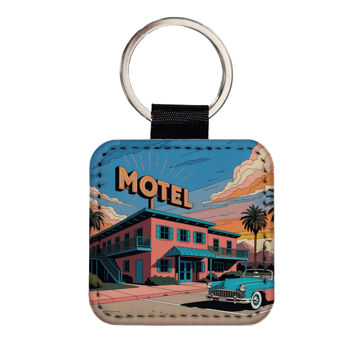 Mid Century Roadside Motel Square Faux Leather Keychain