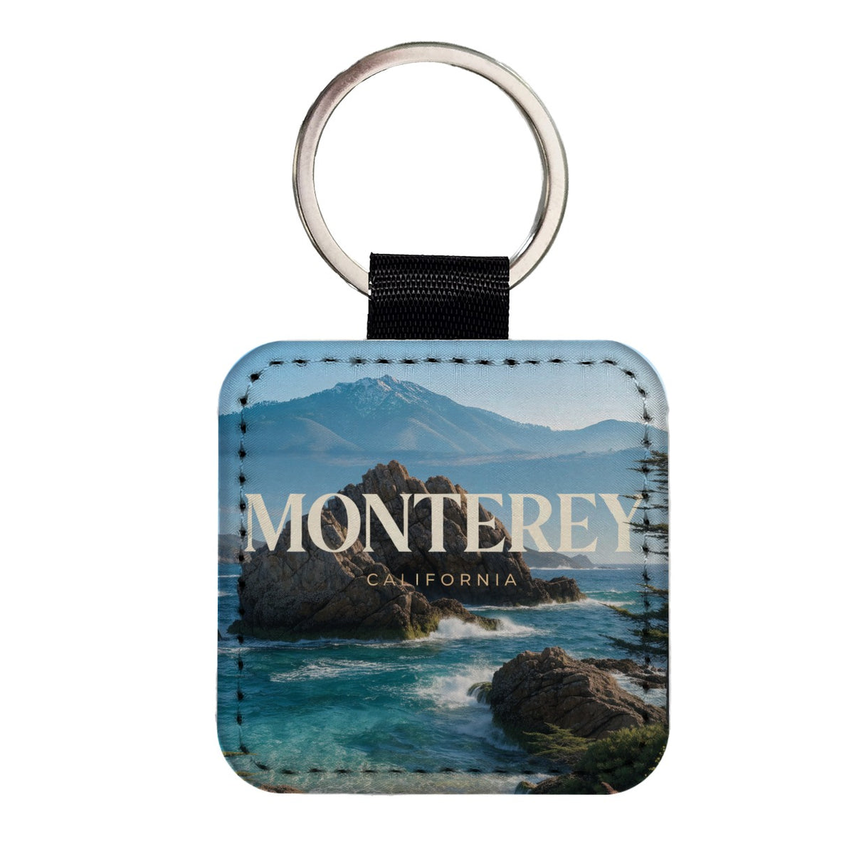 Monterey California Travel Ocean Square Faux Leather Keychain