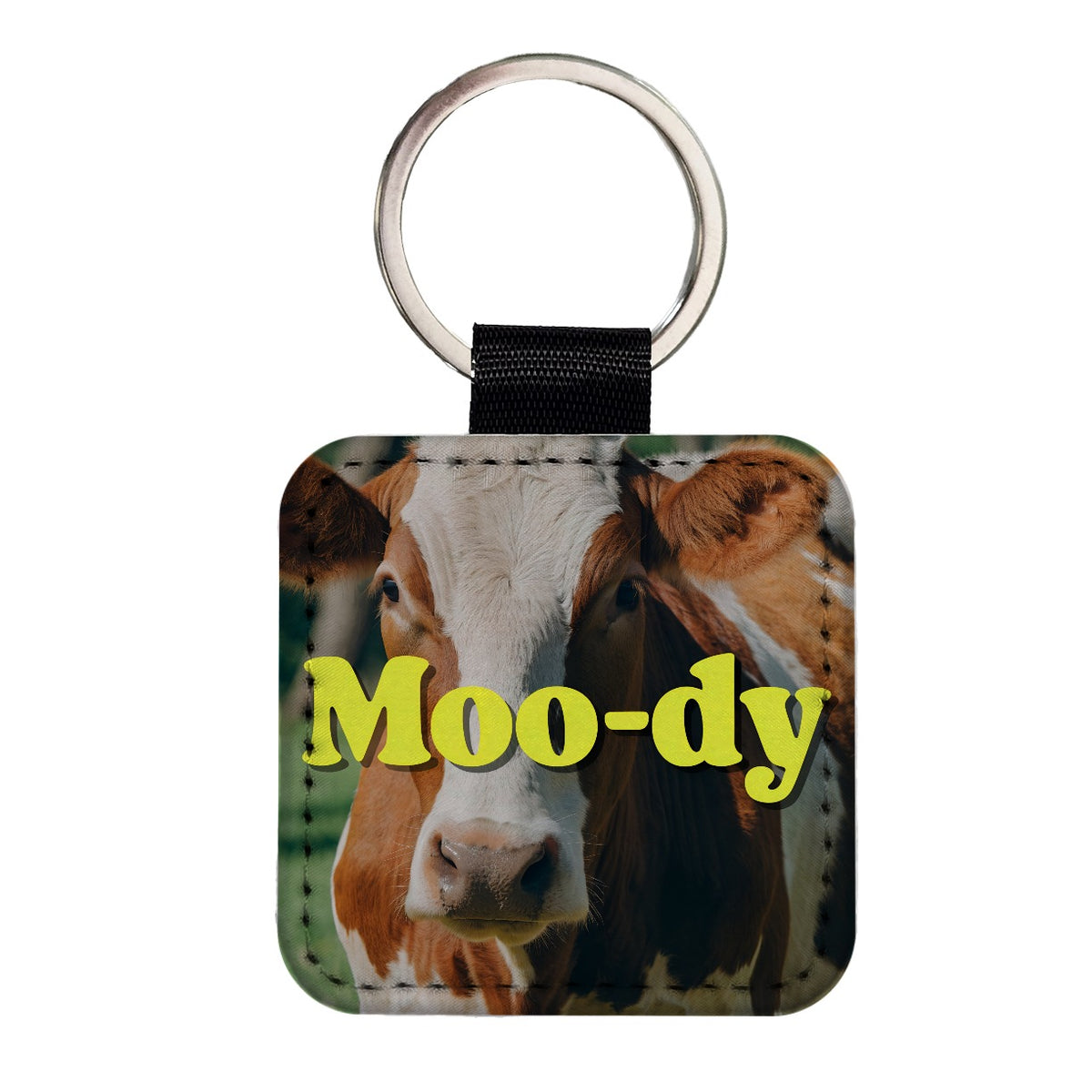 Moody Cow Funny Square Faux Leather Keychain