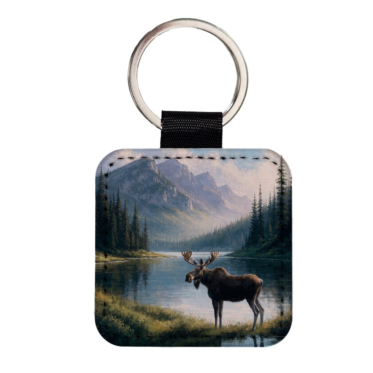 Moose Mountain Lake Square Faux Leather Keychain