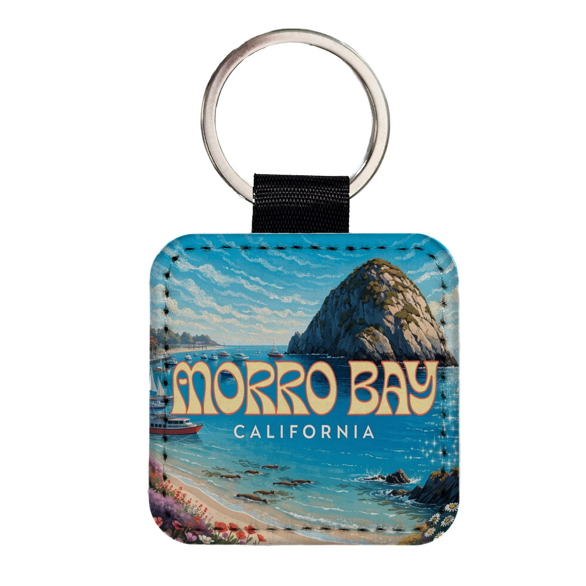Morro Bay California Travel Square Faux Leather Keychain