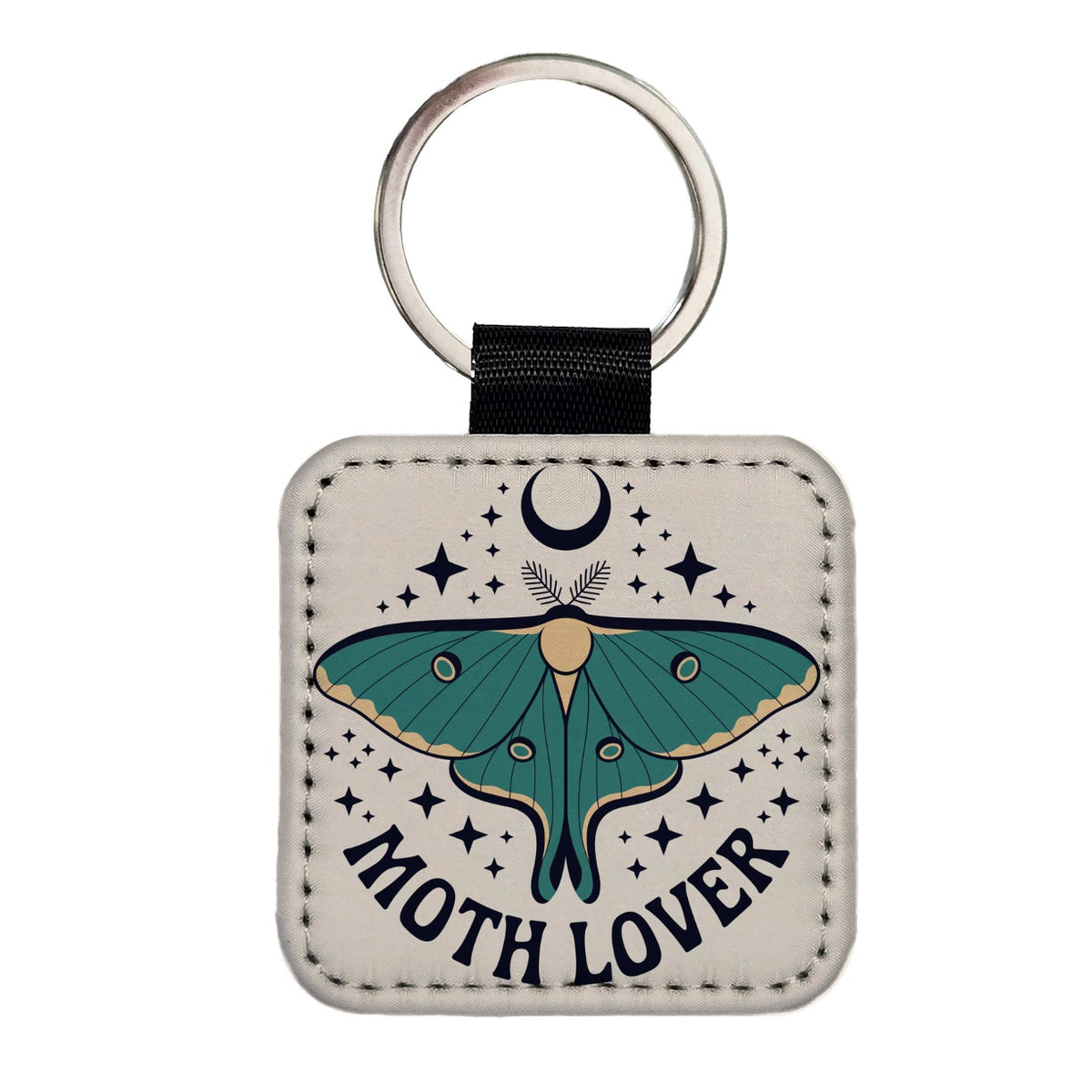 Moth Lover Luna Crescent Moon Square Faux Leather Keychain
