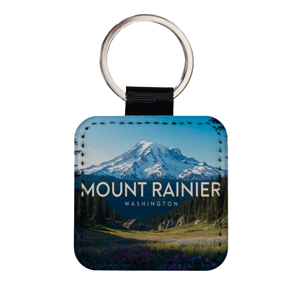 Mount Rainier Washington Travel Square Faux Leather Keychain