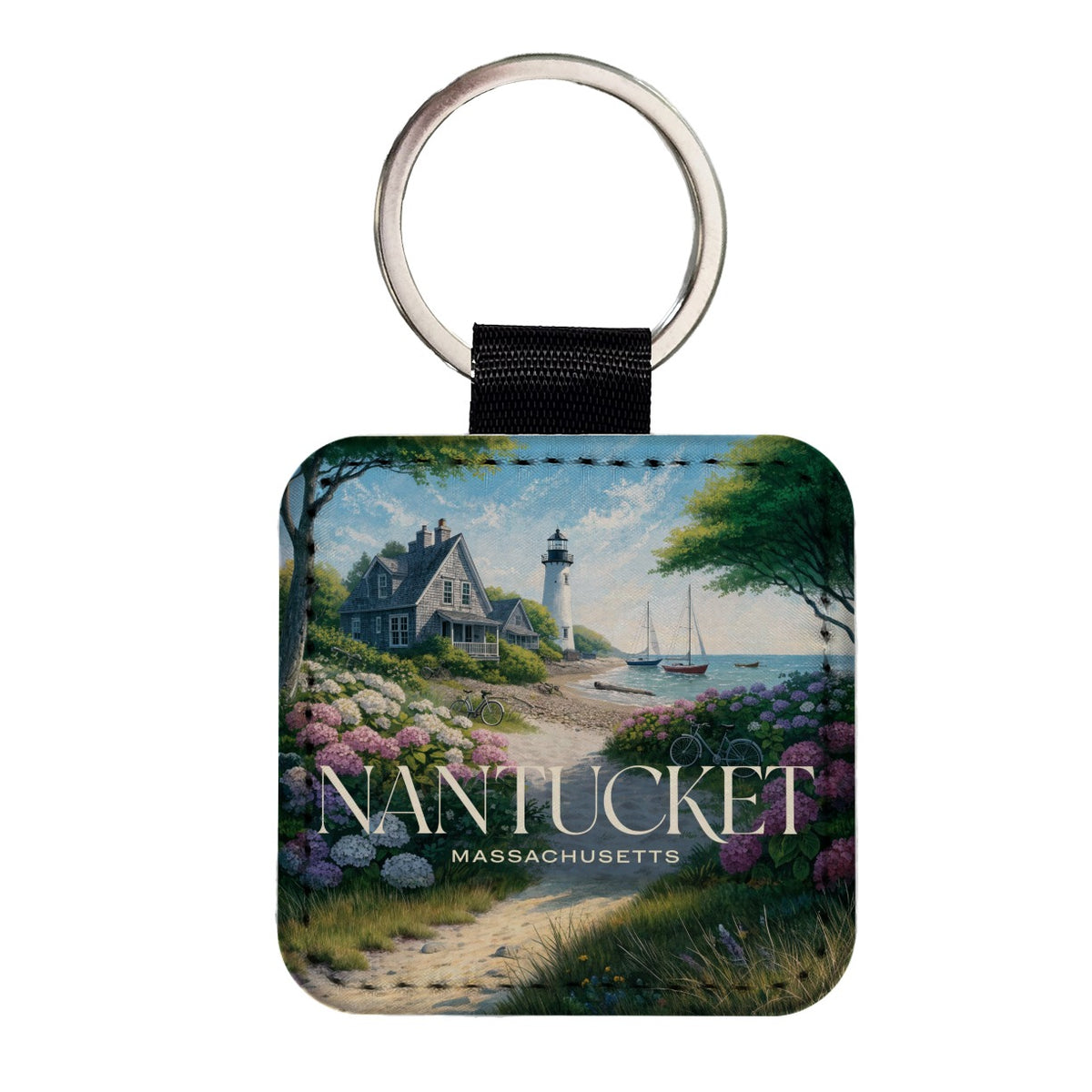 Nantucket Massachusetts Travel Lighthouse Square Faux Leather Keychain