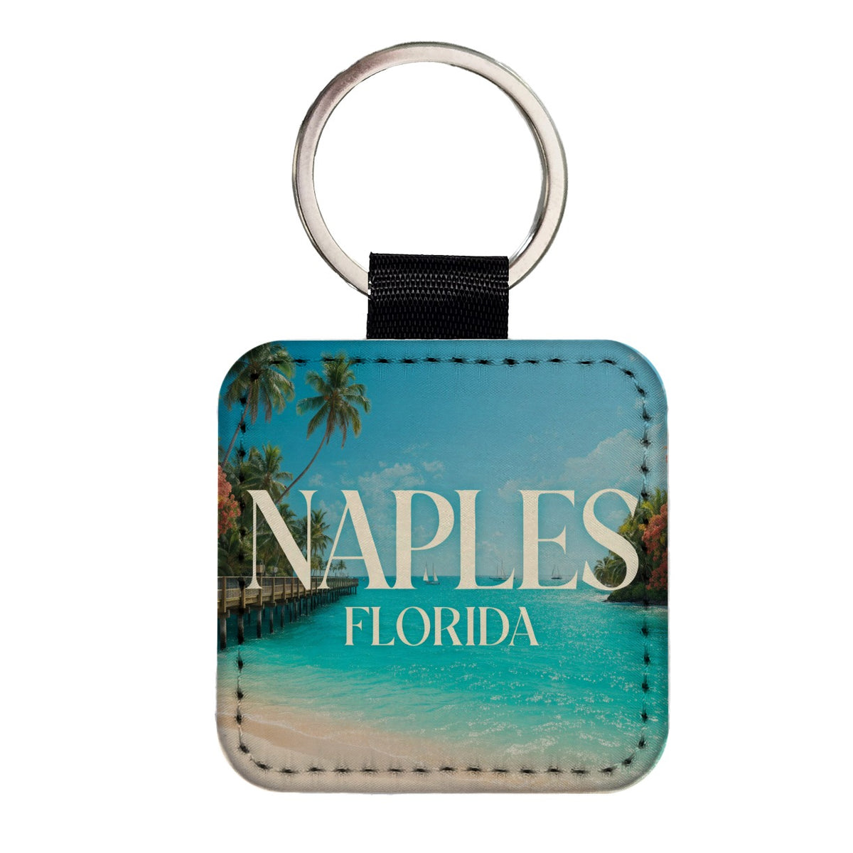 Naples Florida Travel Square Faux Leather Keychain