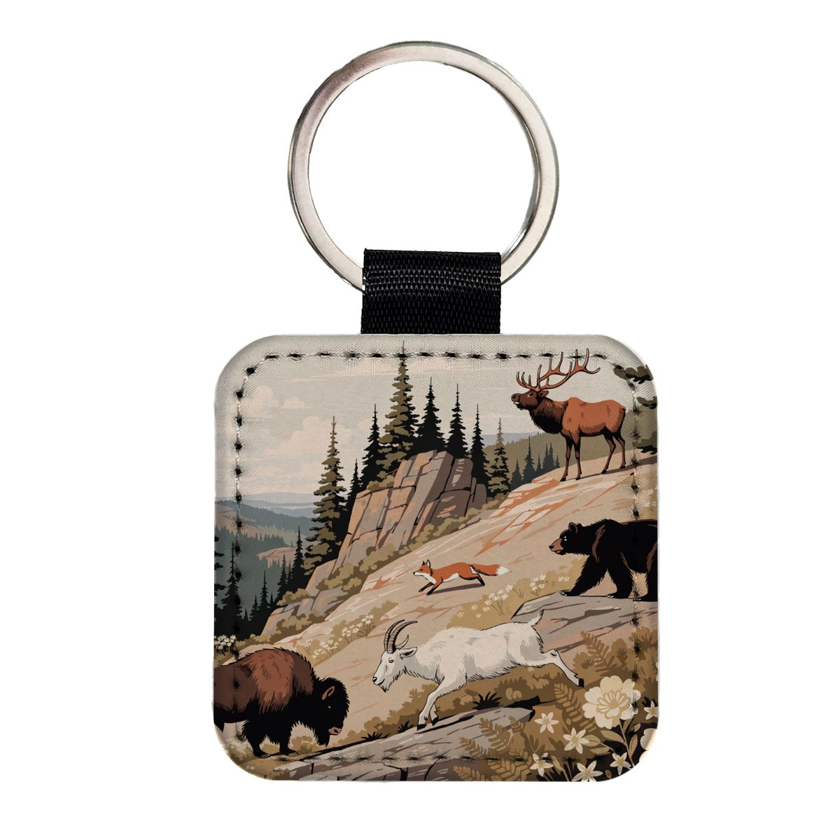 National Park Animals Bear Elk Fox Bison Square Faux Leather Keychain