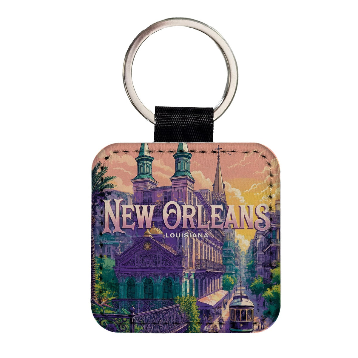 New Orleans Louisiana Travel City Square Faux Leather Keychain